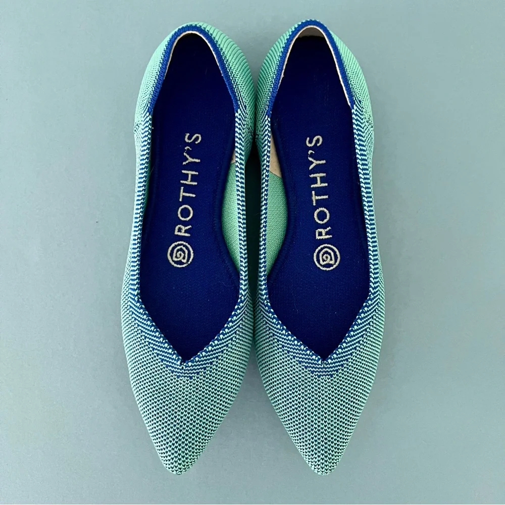 Rothy’s The Point Aquamarine Blue‎ Green Washable Knit Retired Ballet Flats